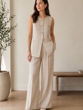 Rachel Zoe Beige Linen Blend Tailored Vest Gold Button Sleeveless Blazer